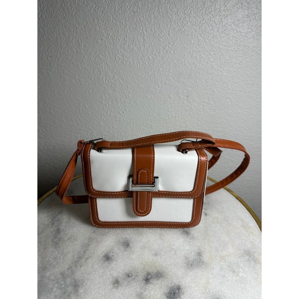 Two Tone White and Brown Crossbody Satchel Bag with Top Handle and Buckle Detail